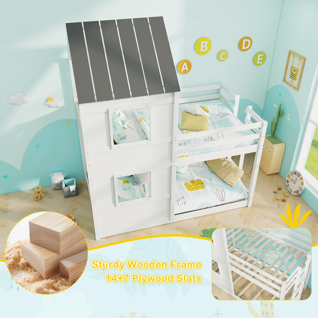 Giantex House Bunk Bed Twin Over Twin, Solid Wood Floor Bunk Bed with Built in Ladder, Window & Safety Guardrail, Wooden Kids Low Bunk Beds for Teens Boys & Girls, No Box Spring Needed, White Giantex