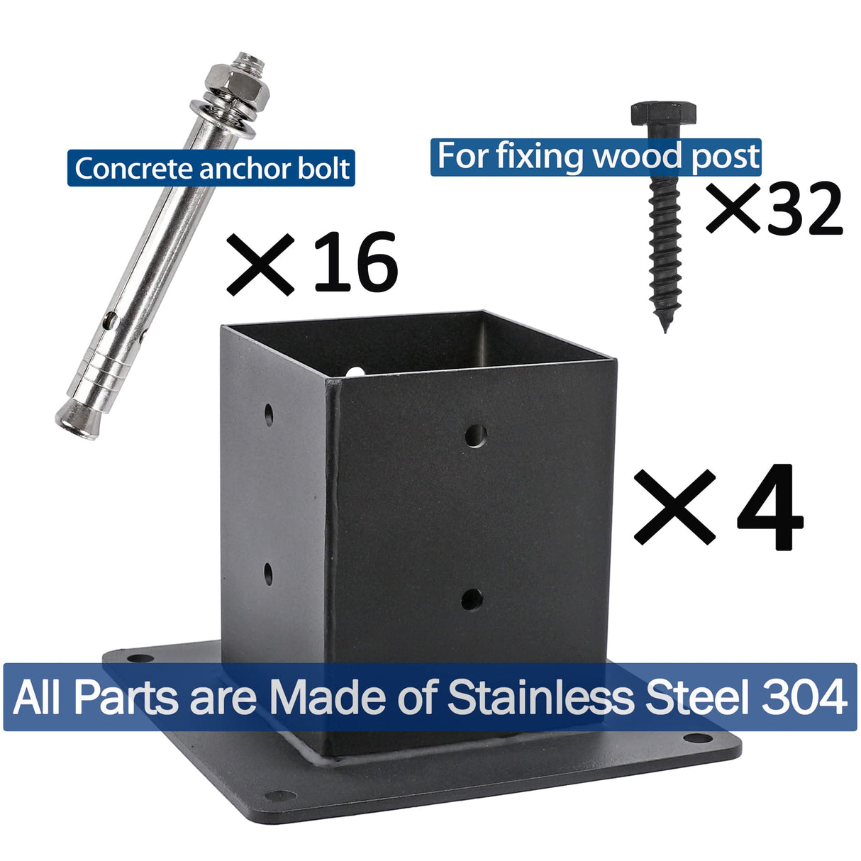 Antsky 4 Pack Stainless Steel Flange Anchor Base for 4x4(Actual Size: 3.5x3.5) Wood Posts/Beams, Deck Railing/Pergola/Gazebo Hardware (Black Finish) Antsky