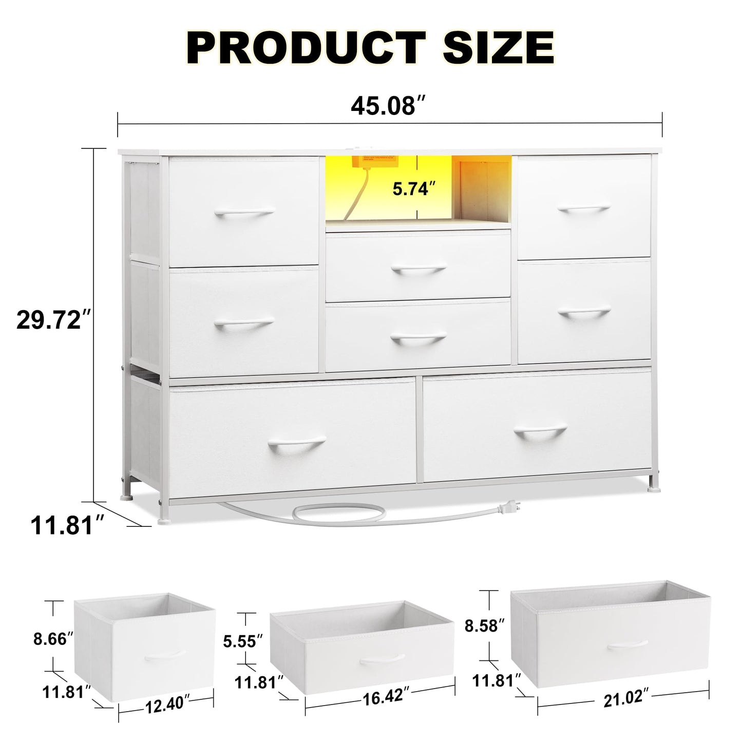 EKNKOZY Dresser TV Stand with 8 Drawers, Dresser TV Stand with LED Lights & Power Outlets, Bedroom Dresser, Chest of Drawers for 55'' Long TV, Wide Fabric Dresser (White)