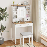 ARTETHYS Vanity Desk with Slide Mirror and Lights Farmhouse Makeup Vanity Set with Chair Small Dressing Table with Drawer for Bedroom, White and Brown ARTETHYS