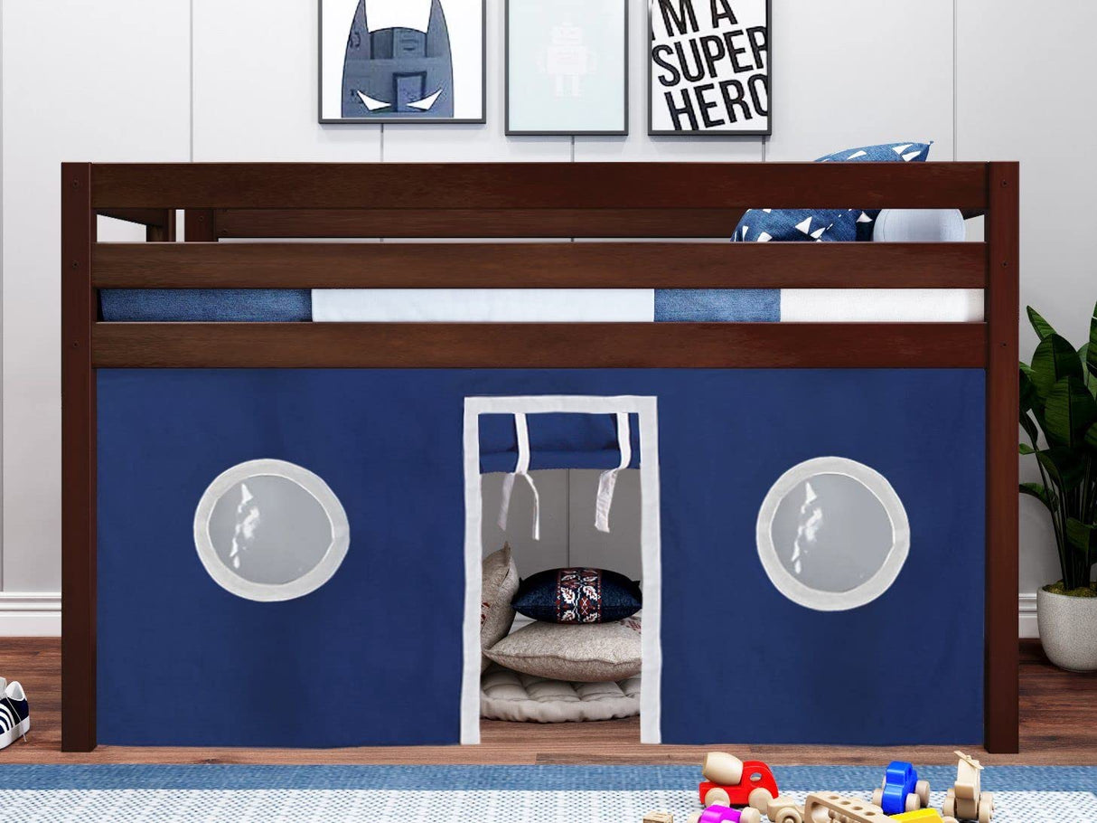 JACKPOT! Contemporary Low Loft Twin Bed with End Ladder, Cherry with Blue & White Tent JACKPOT!