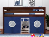 JACKPOT! Contemporary Low Loft Twin Bed with End Ladder, Cherry with Blue & White Tent JACKPOT!