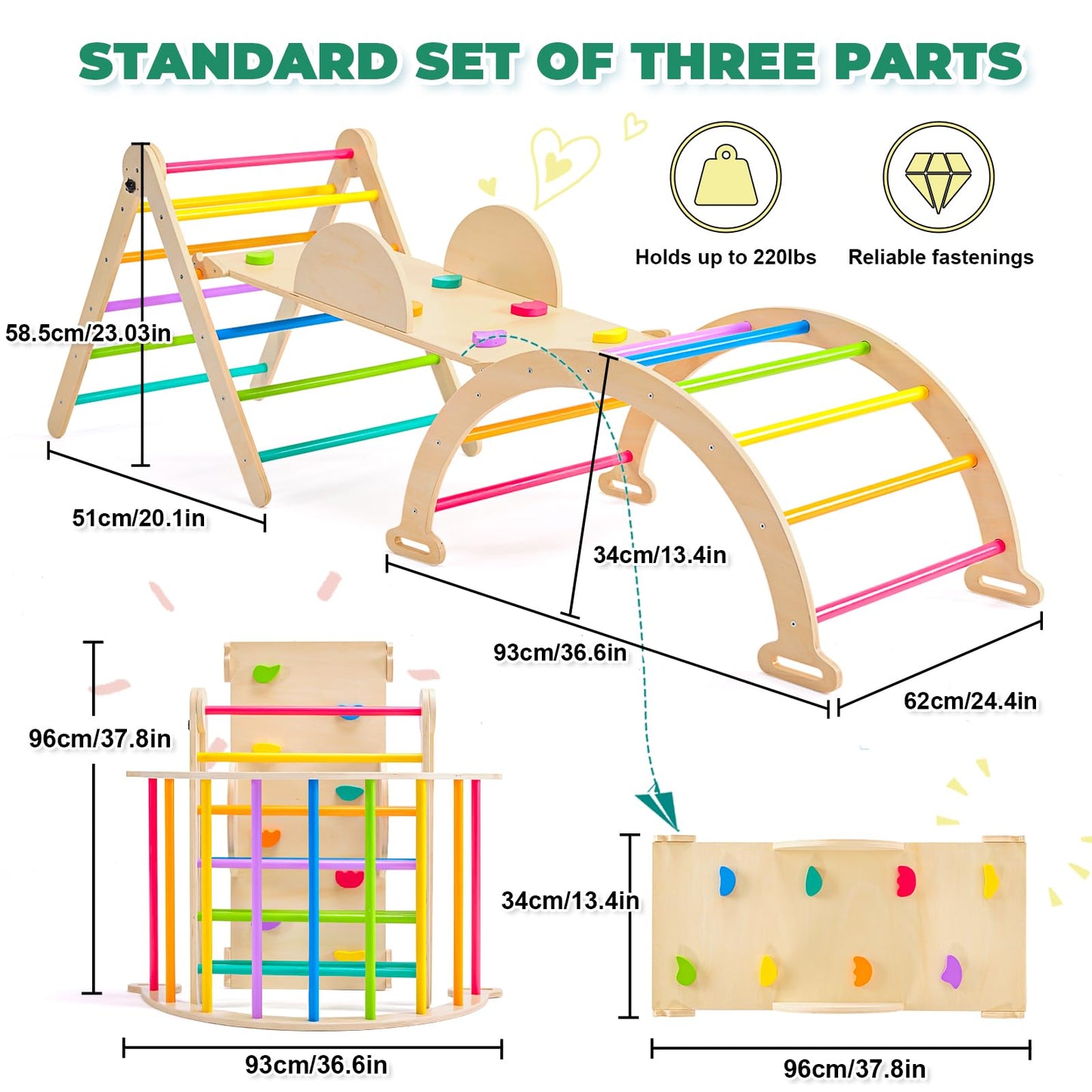 7-in-1 Pikler Triangle Set - Wooden Toddler Climbing Toys, Indoor Playground with Ramp for Sliding or Climbing, Jungle Gyms for Toddlers, Montessori Climbing Set-Medium