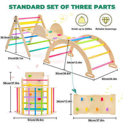 7-in-1 Pikler Triangle Set - Wooden Toddler Climbing Toys, Indoor Playground with Ramp for Sliding or Climbing, Jungle Gyms for Toddlers, Montessori Climbing Set-Medium