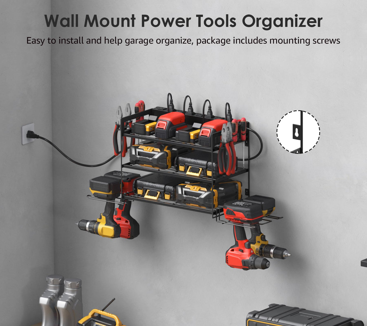 CCCEI Garage Tools Storage with Charging Station. Power Tool Battery Organizer Utility Shelf with Power Strip. 4 Drills Holder Wall Mount Rack, Black 3 Layer.