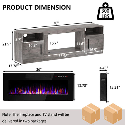 PRETZI Fireplace TV Stand with 36" Fireplace Up to 80" TVs,70" Entertainment Center with LED Lights,Remote Control,TV Media Console with Storage Cabinets for Living Room, Gray