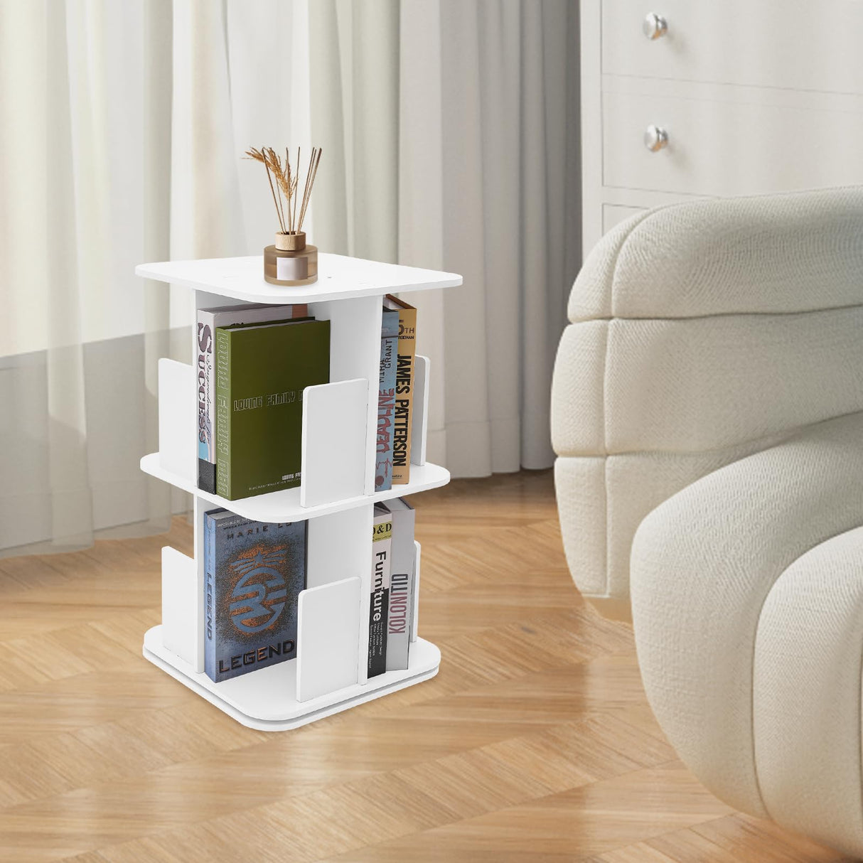 KeruRome 2 Tier Rotating Bookshelf 360 Display Round Floor Standing Revolving Bookcase Storage Rack Book Shelf Organizer for Small Space Bedroom Living Room White KeruRome