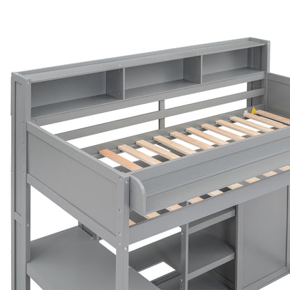 XD Designs Grey Twin Size Loft Bed with Integrated Desk, Wardrobe, and Storage Shelves - WoodArtSupply