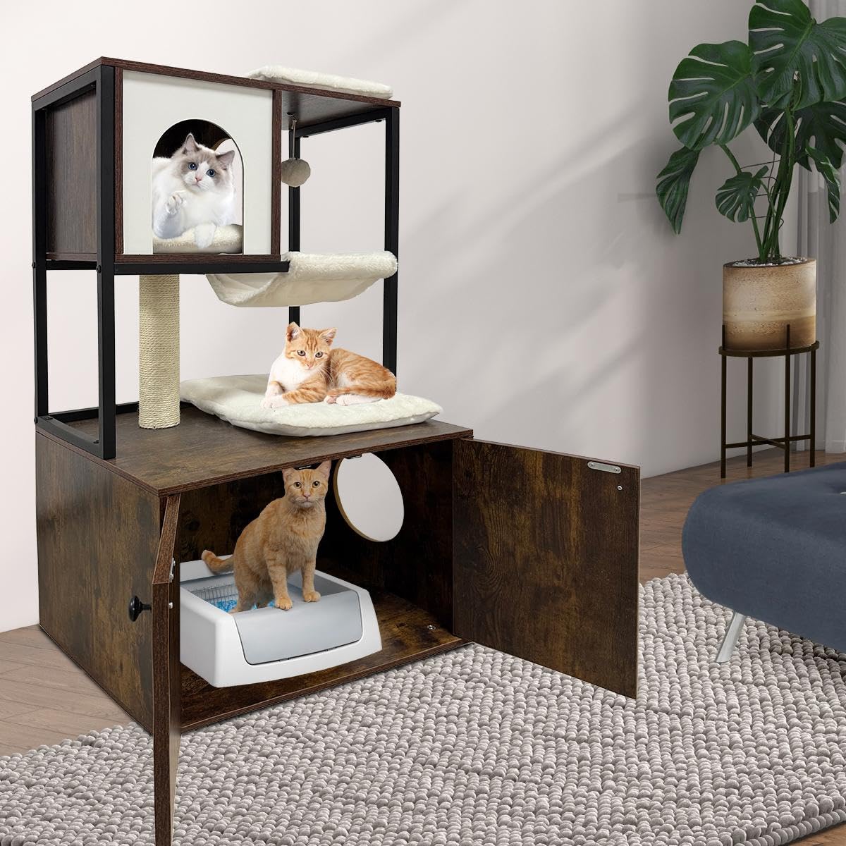 Litter Box Enclosure with Cat Tree, Corner Kitty Litter Box Enclosure Furniture Dog Proof Wooden Cats Cabinet with Condo, Plush Hammock, Scratching Post and Play Ball GarveeLife