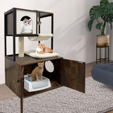 Litter Box Enclosure with Cat Tree, Corner Kitty Litter Box Enclosure Furniture Dog Proof Wooden Cats Cabinet with Condo, Plush Hammock, Scratching Post and Play Ball GarveeLife