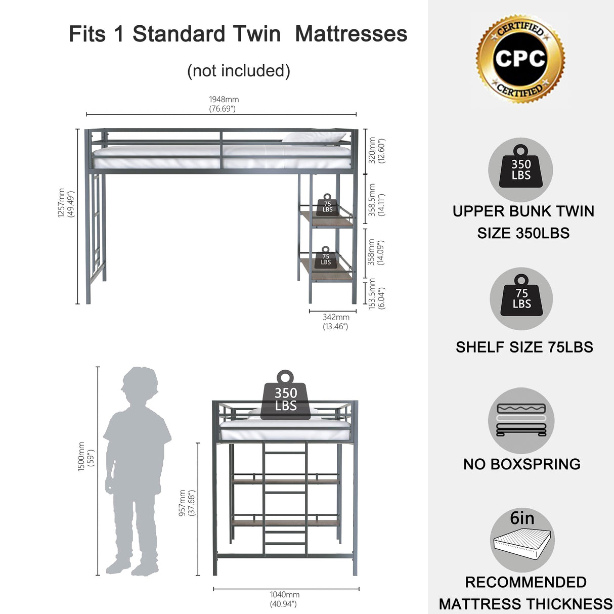 Twin Size Low Loft Bed with Storage Shelves for Kids,Kids Loft Bed Twin Size,Metal Loft Bed Frame for Boys Girls,Junior Low Loft Bed,Black Bellemave