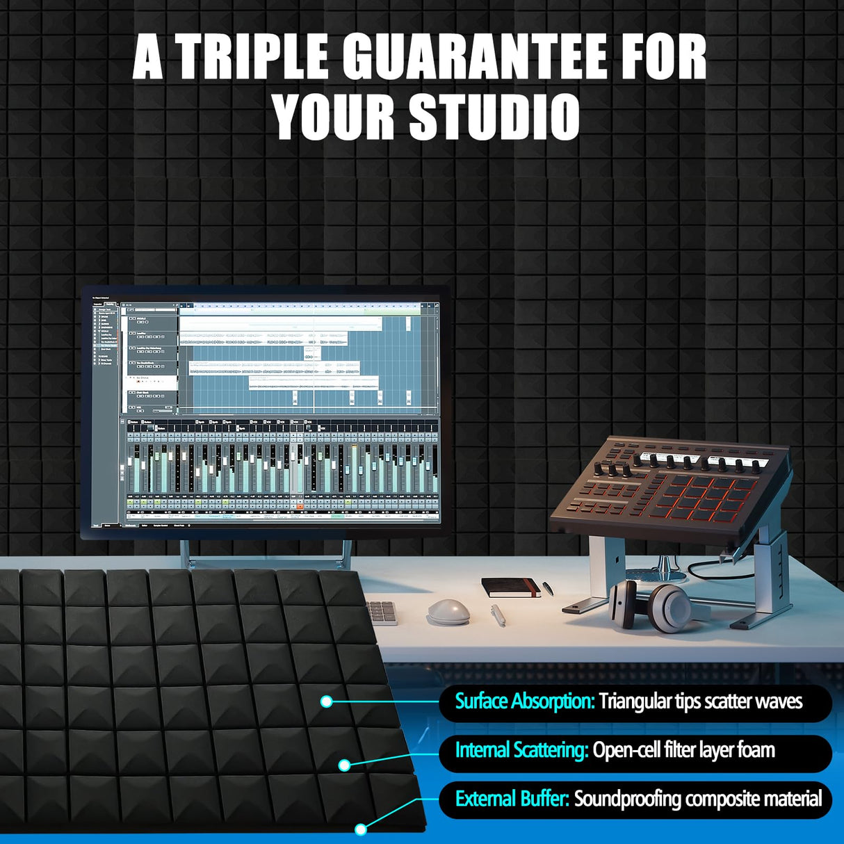 4 Pack Acoustic Panels, 48 x 24 x 2" Sound Proof Foam High Density Studio Wedge Tiles Fire Resistant Acoustic Panels for Home,Office, Recording Room, Studio (Black-4 Pack) shipxinfuren