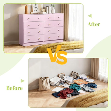 Karl home Dresser for Bedroom, Modern Wood Dresser Chest of Drawers, Bedroom Dressers Nightstand, Anti-Tipping Device, Rose Gold Metal Handle, Living Room, Hallway, Office (Pink-5 Drawer) Karl home