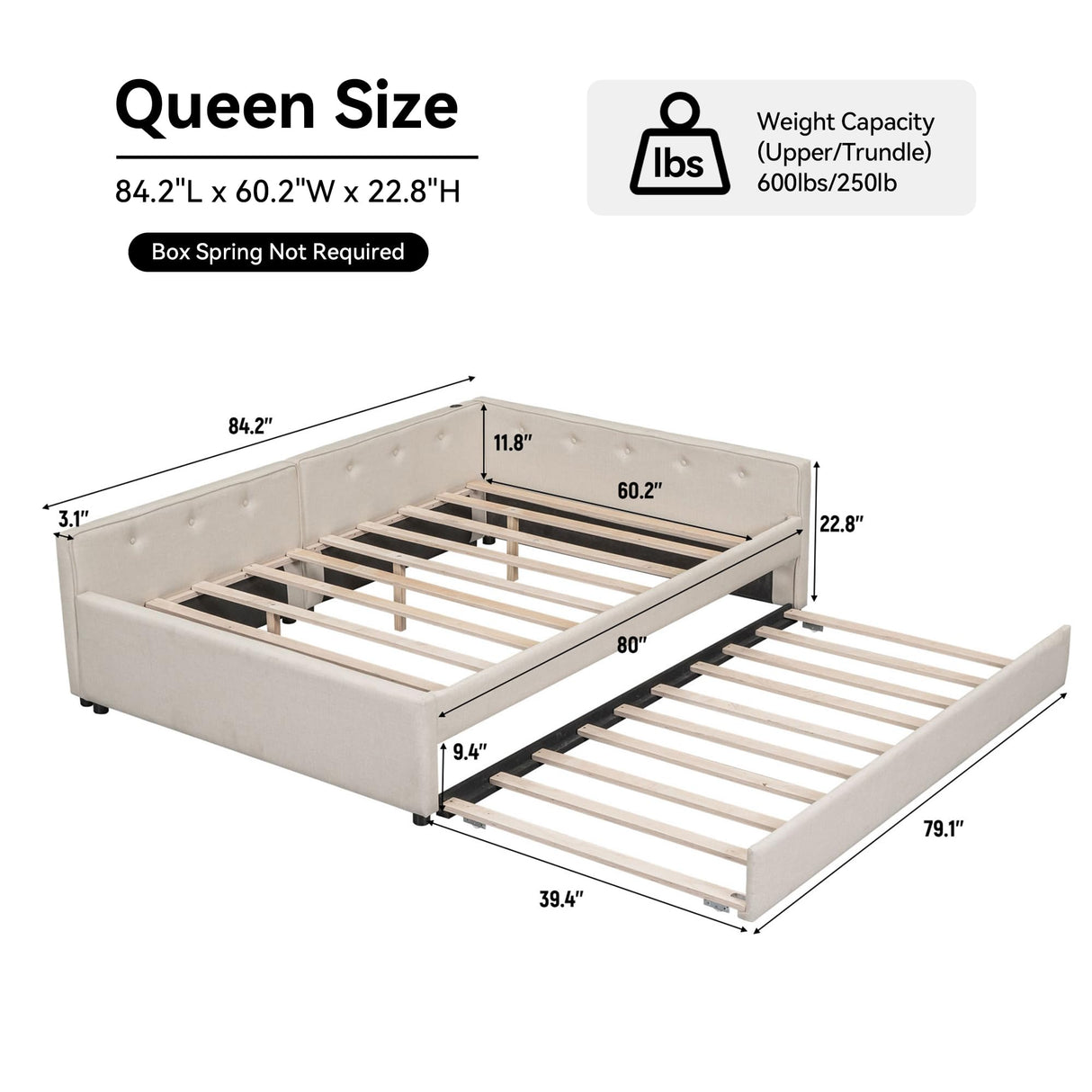 GM Ultra Queen Size Upholstered Daybed with Twin Size Trundle and USB Port, Comfy Linen Fabric Corner Day Bed Frame, Modern L Shaped Sofa Bed Frame with Wood Slats, Easy Assembly, Beige GM Ultra