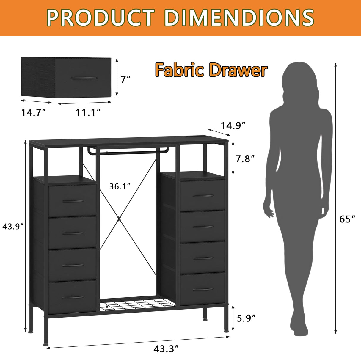 HIGDBFE 8 Drawers Dresser with Hanging Rack, Led Dresser with Charging Station, Kids Dressers with Clothes Rack Open Shelves, Chest of Drawers with Wooden Top for Bedroom, Kids Room, Black HIGDBFE