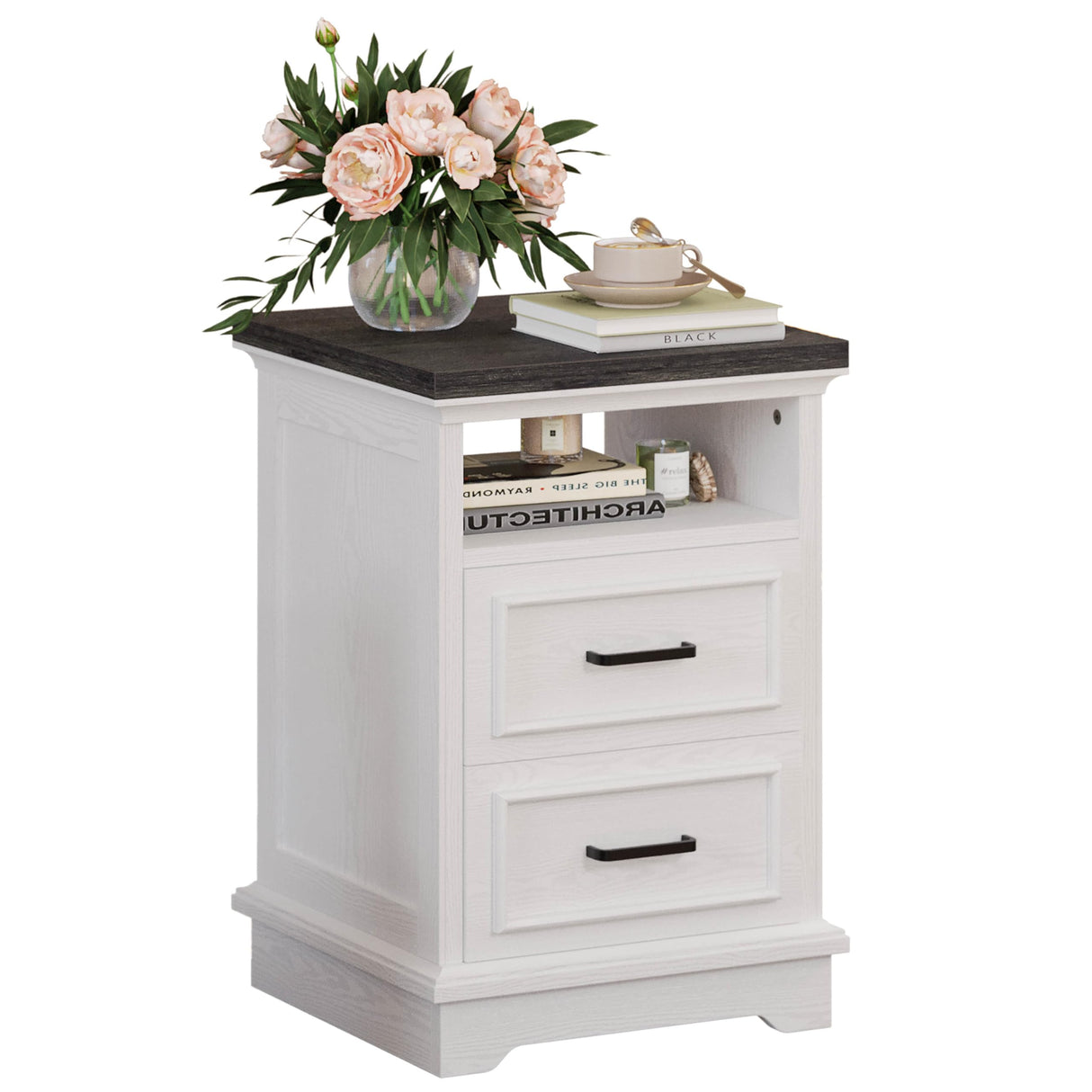 LIKIMIO Farmhouse Nightstand with Storage Drawers and Open Shelf, Small End Tables Living Room, Rustic Wood Side Tables for Bedroom, Roman Column Design, White LIKIMIO