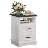 LIKIMIO Farmhouse Nightstand with Storage Drawers and Open Shelf, Small End Tables Living Room, Rustic Wood Side Tables for Bedroom, Roman Column Design, White LIKIMIO