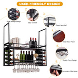 Ceiling Wine Glass Rack - Wine Rack Wall Mounted with Glass Holder, 2 Layer Industrial Hanging Wine Bottle Holder with LED, Wine Storage Display Shelf for Home Bar Dining Room Kitchen (Black, 47.2in) KEPMOGOH