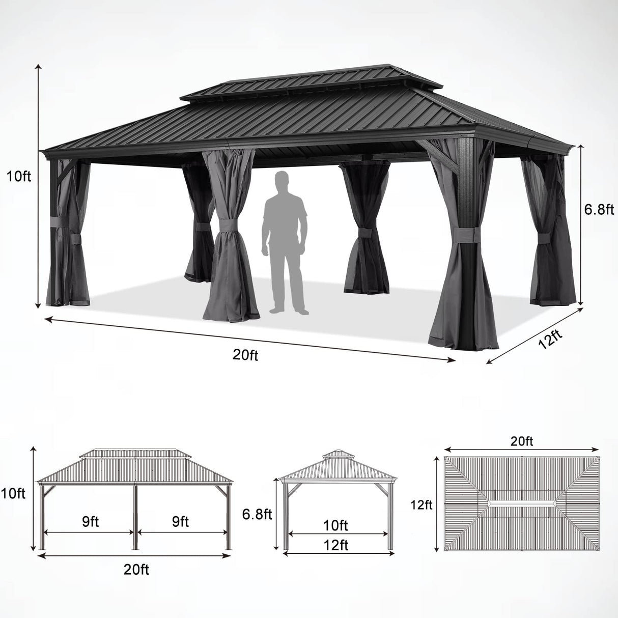 ABCCANOPY 12x20 Hardtop Gazebo - Outdoor Metal Gazebo with Galvanized Steel Roof, Permanent Aluminum Pavilion with Netting and Curtain for Patio, Lawn, Garden (Double Roof, Gray) ABCCANOPY