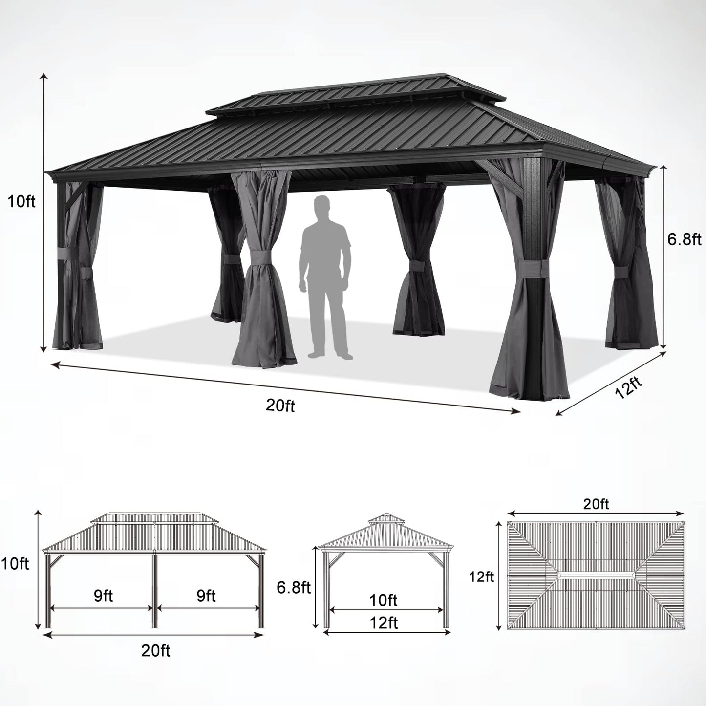 ABCCANOPY 12x20 Hardtop Gazebo - Outdoor Metal Gazebo with Galvanized Steel Roof, Permanent Aluminum Pavilion with Netting and Curtain for Patio, Lawn, Garden (Double Roof, Gray)