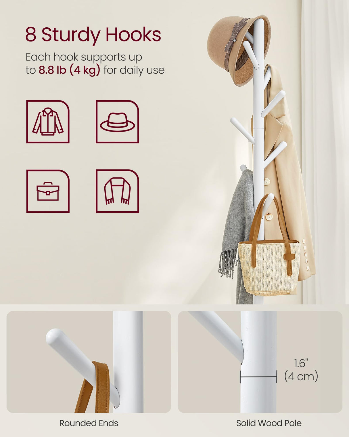 VASAGLE Coat Rack, Free Standing Coat Stand, Hall Coat Tree with 8 Hooks and Storage Shelf, 67.2 Inch Tall, for Coats, Hats, Bags, for Entryway, Hallway, Bedroom, Cloud White URCR040W01 VASAGLE