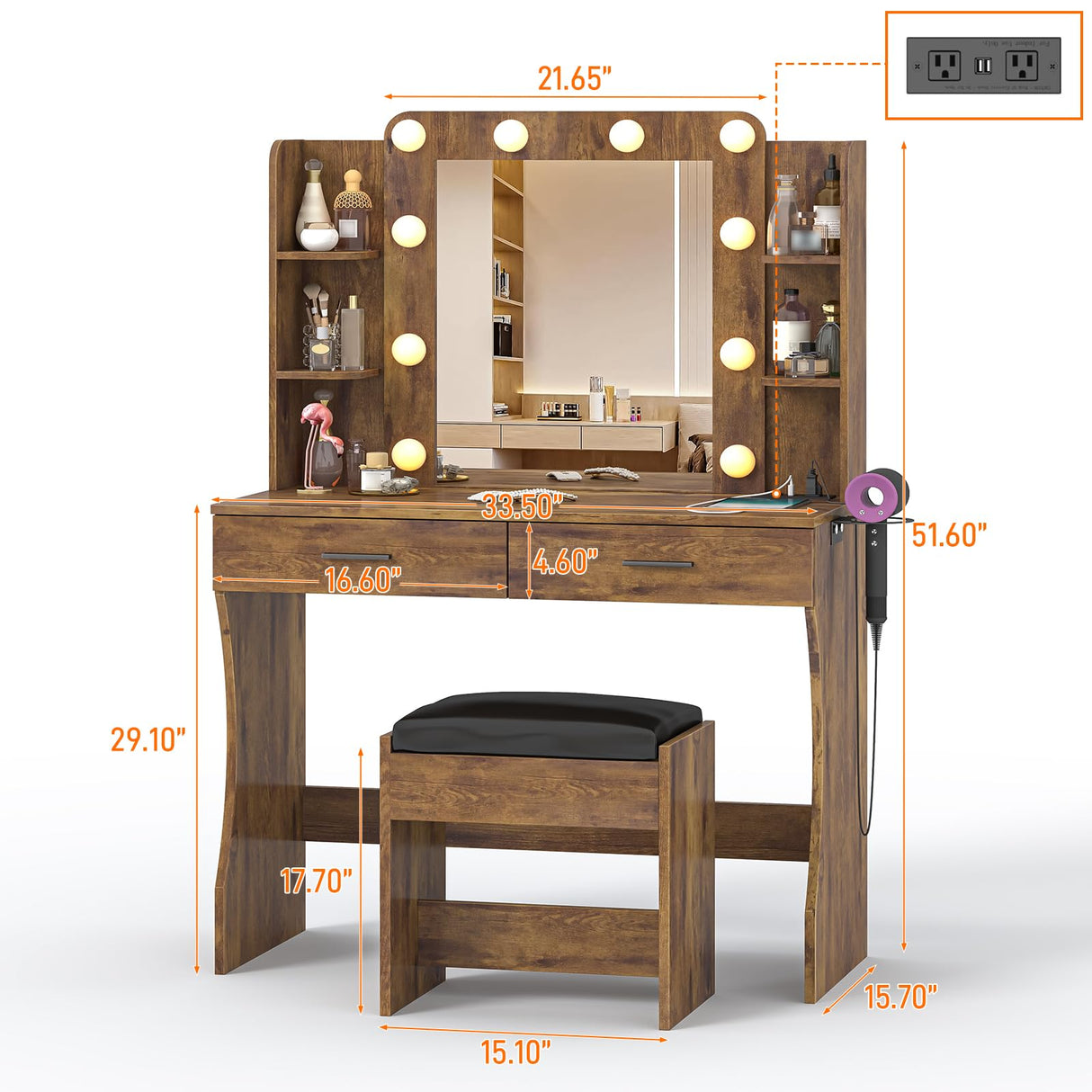 Befrases Vanity Desk with Mirror, LED Lights and Power Outlet, Makeup Vanity with 2 Large Drawers,3 Lighting Modes & Adjustable Brightness, Dressing Desk with Cushioned Stool, Rustic Brown. Befrases