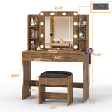 Befrases Vanity Desk with Mirror, LED Lights and Power Outlet, Makeup Vanity with 2 Large Drawers,3 Lighting Modes & Adjustable Brightness, Dressing Desk with Cushioned Stool, Rustic Brown. Befrases