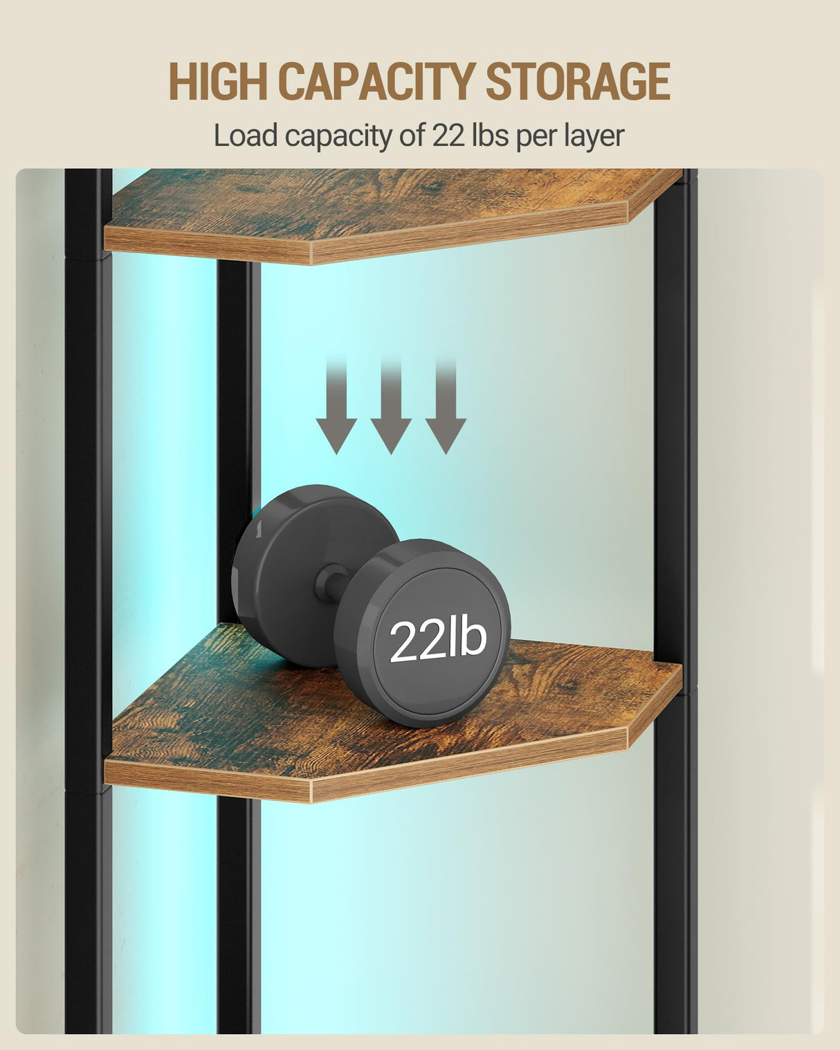 Hzuaneri Corner Shelf with LED Light, 5-Tier Corner Bookshelf, Tall Narrow Display Bookcase with Metal Frame, Standing Shelf for Small Space, Living Room, Home Office, Bedroom, Rustic Brown CS66501B Hzuaneri