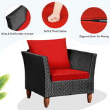 COSTWAY 3PCS Outdoor Patio Rattan Furniture Set Wooden Table Top Cushioned Sofa Red COSTWAY