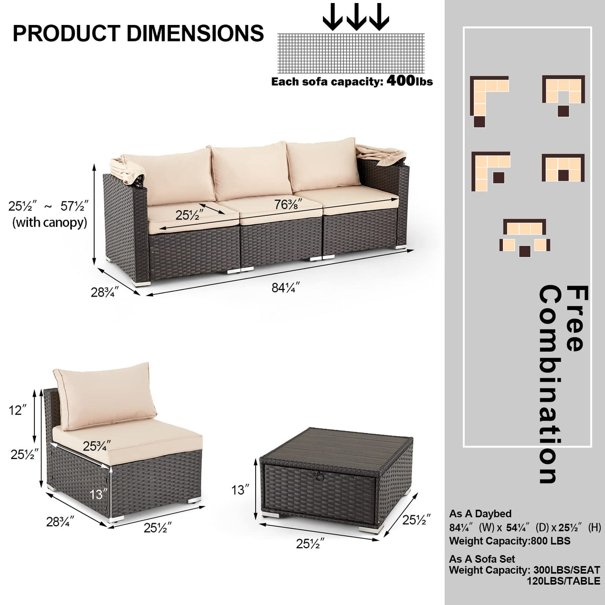 HOMREST 6 Pieces Patio Furniture Sets, Rattan Daybed with Retractable Canopy, Outdoor Sectional Sofa Set with Adjustable Backrest, Chaise Chair Sunbed for Garden Poolside Backyard (Khaki) HOMREST