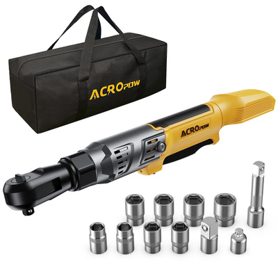 ACROPOW 3/8" Cordless Ratchet Wrench, Compatible with DEWALT 20V Battery, 74Ft-Lbs Brushless Motor Electric Ratchet with Variable Speed, Sockets Set, Adapters and Tool Bag（No Battery and Charger）