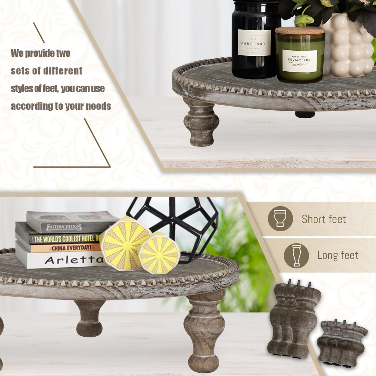 MAONAME Farmhouse Wood Riser for Display, Decorative Pedestal Stand for Kitchen Counter, Rustic Round Beaded Wooden Display Tray for Home Decor, Short and Tall Footed, 11.87 Inch MAONAME