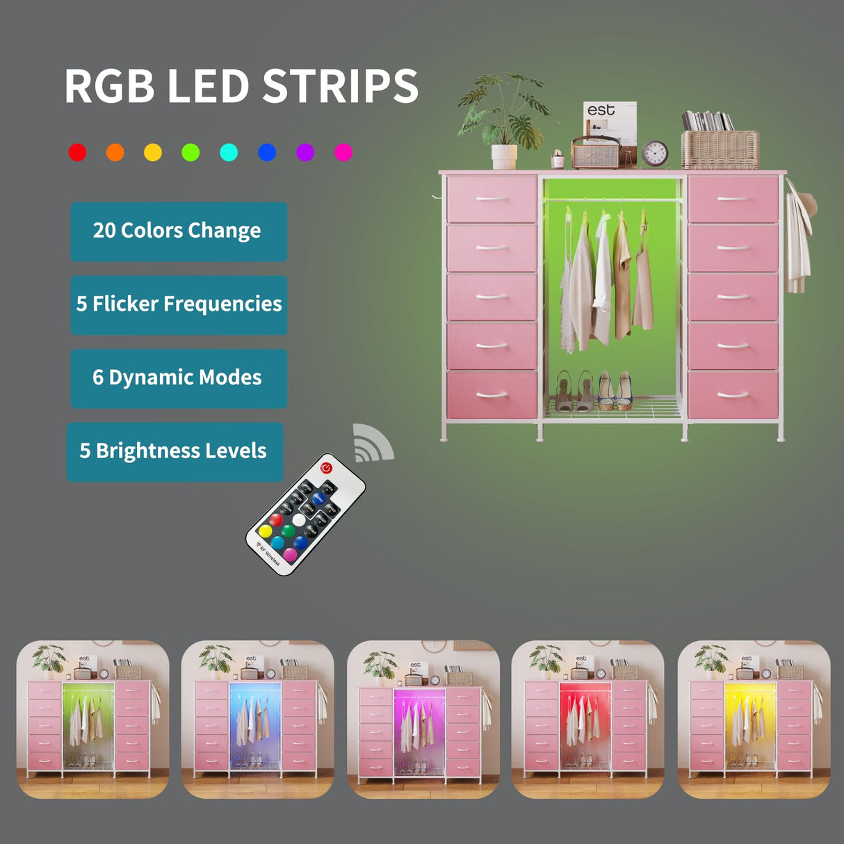 LUMTOK 2-in-1 Dresser with Hanging Rack, 10 Drawers Dresser for Bedroom,Dressers with Fabric Drawers,LED Lights, Charging Station and Hanging Racks for Bedroom (Pink) LUMTOK