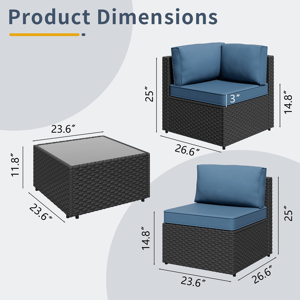 5 Piece Patio Furniture Sets, Low Back All-Weather Rattan Sectional Sofa with Tea Table&Washable Couch Cushions, Patio Furniture Sets, Black Rattan SUNLEI