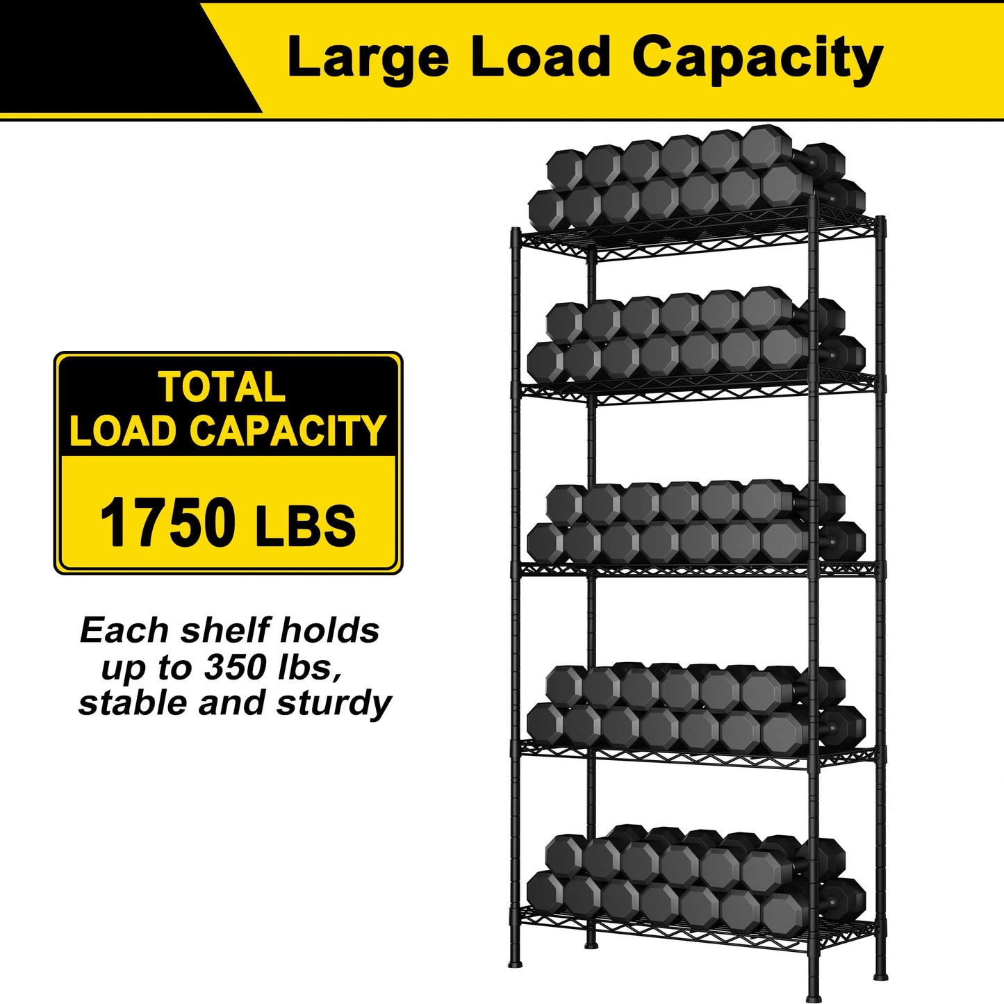 GIOTORENT 5-Wire Garage Shelving Storage Shelves, Metal Shelf Organizer 1750Lbs Capacity, Kitchen Storage Adjustable Shelf for Laundry Bathroom Pantry Closet, Black 36.2''L x 14''W x 72.3''H