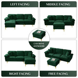 OUYESSIR L Shaped Sectional Sofa Couch, 3 Seat Velvet Sofa with Ottoman and Pillows, Upholstered Comfy Couch Sleeper for Living Room, Bedroom, 91 inches (Green) OUYESSIR