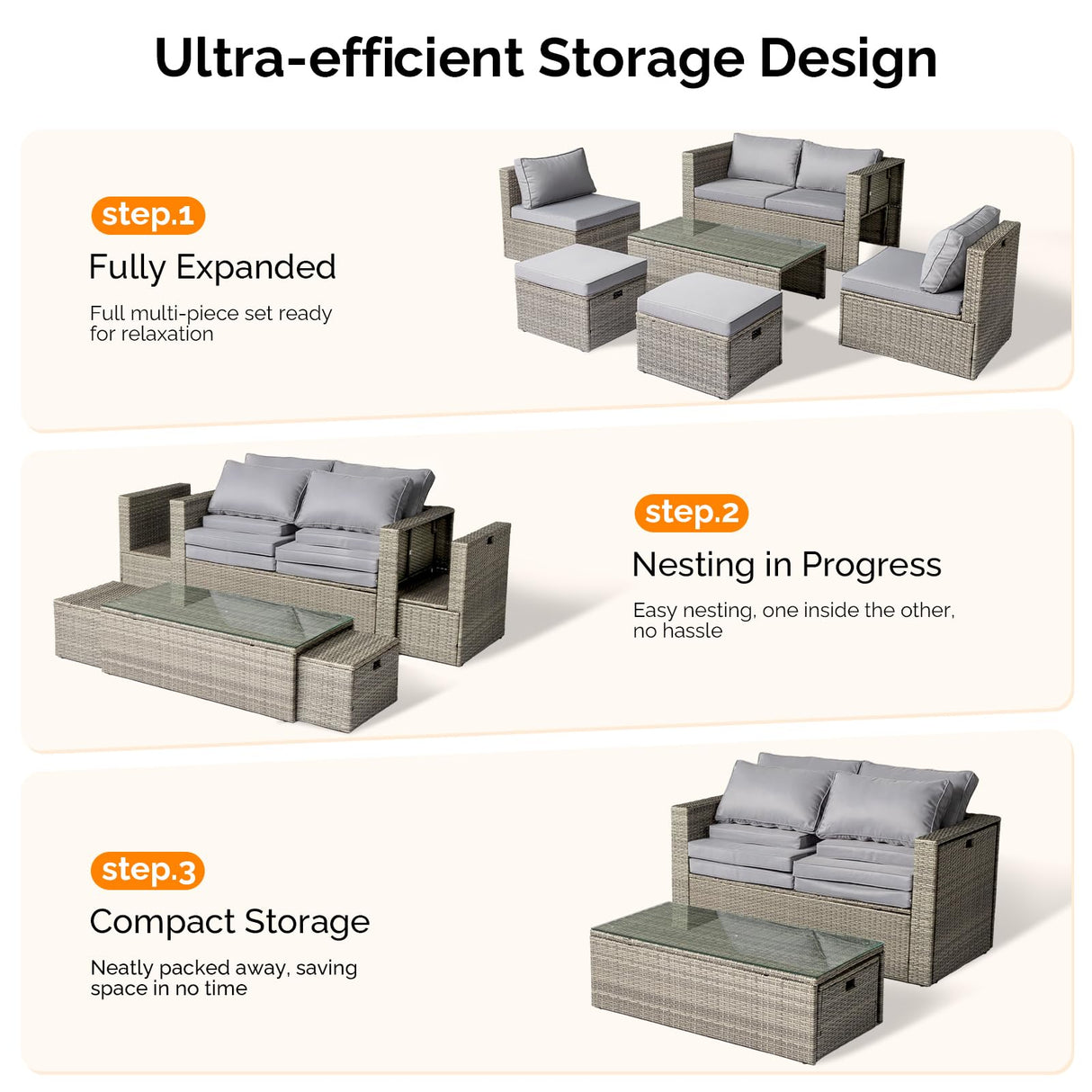 VINGLI 6 Pieces Wicker Patio Furniture Set, Outdoor Sectional Furniture Patio Conversation Set Space-Saving Design with Ottomans and Coffee Table for Garden,Poolside, Backyard(Grey) VINGLI