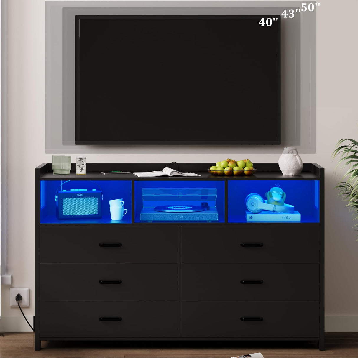 Whalefall Black LED Dresser for Bedroom, 6 Drawer Dressers & Chests of Drawers with Power Strip, Modern Dressers Wooden Storage Cabinet for Adults, Kids Whalefall