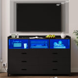 Whalefall Black LED Dresser for Bedroom, 6 Drawer Dressers & Chests of Drawers with Power Strip, Modern Dressers Wooden Storage Cabinet for Adults, Kids Whalefall