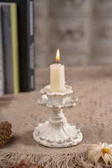 SOFE White Candle Stick Holder Vintage, Flower Candlestick Holder, 3 Inch Resin Taper Candle Holder Small, Short Rustic Candle Centerpieces for Tables, Wedding, Dining, Party SOFE