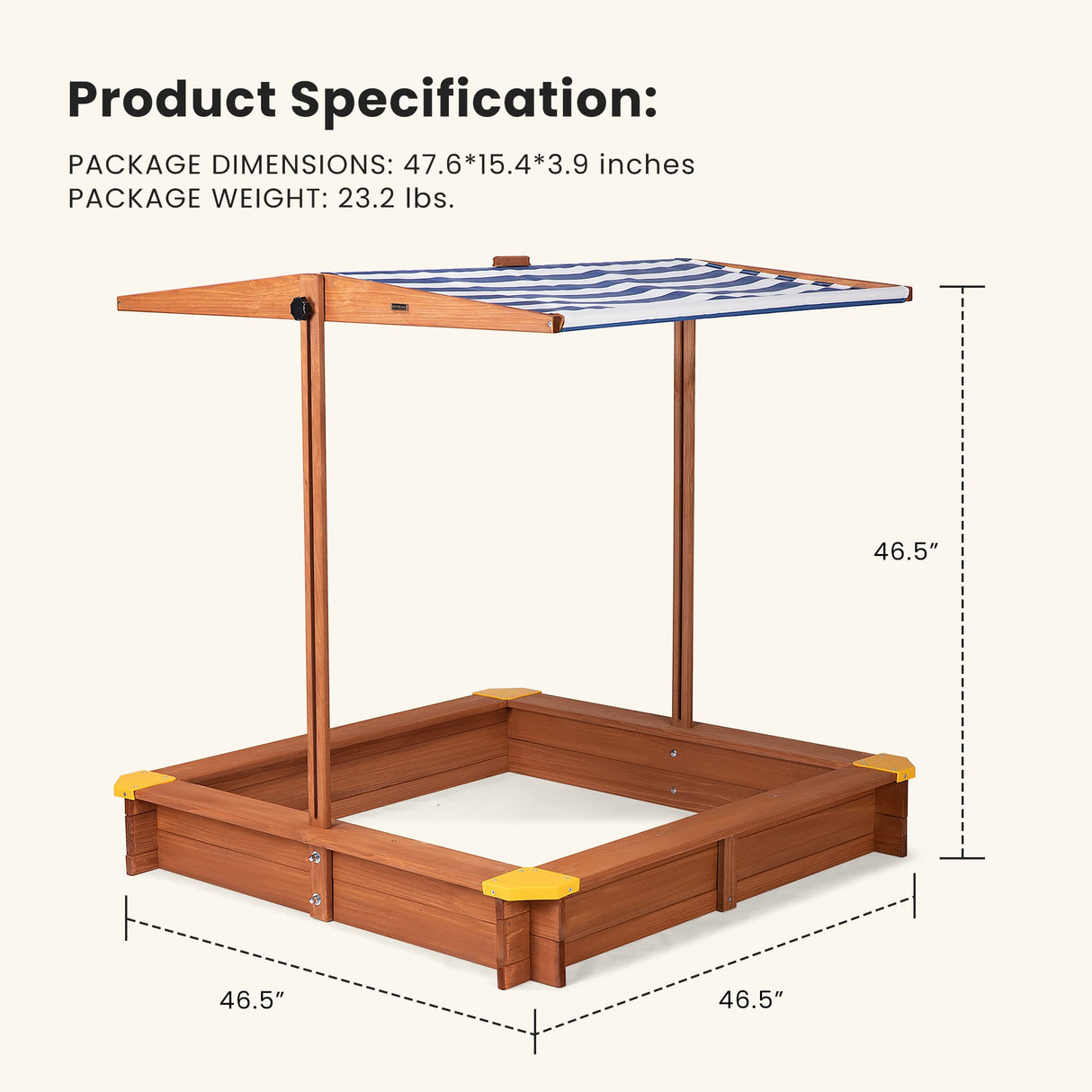 VIVOHOME 46.5 Inch x 46.5 Inch Covered Wooden Sandbox Height Angle Adjustable with Rotatable UV-Resistant Canopy Sand Protection Bottom Liner for Home Backyard Beach Outdoor VIVOHOME