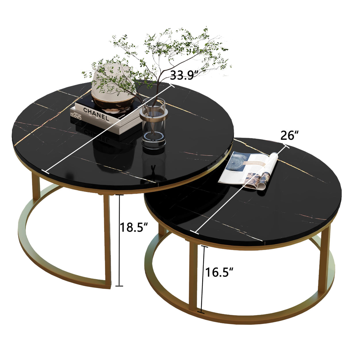 WiberWi Round Coffee Table Nesting Tables Set of 2, Large : Ø 34.0", Small : Ø 26.0", Modern Design Coffee Tables for Living Room, Gold Metal Frame Circle Cocktail Table, High Glossy Faux Black Marble WiberWi