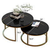 WiberWi Round Coffee Table Nesting Tables Set of 2, Large : Ø 34.0", Small : Ø 26.0", Modern Design Coffee Tables for Living Room, Gold Metal Frame Circle Cocktail Table, High Glossy Faux Black Marble WiberWi