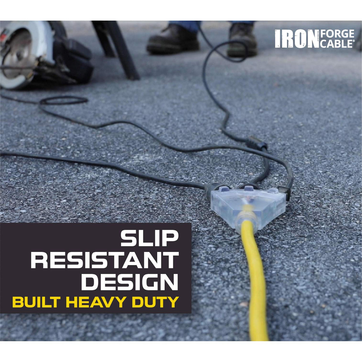 Iron Forge Cable 50 Foot Lighted Outdoor Extension Cord with 3 Electrical Power Outlets - 12/3 SJTW Heavy Duty Yellow Extension Cable with 3 Prong Grounded Plug for Safety, 15 AMP Iron Forge Cable