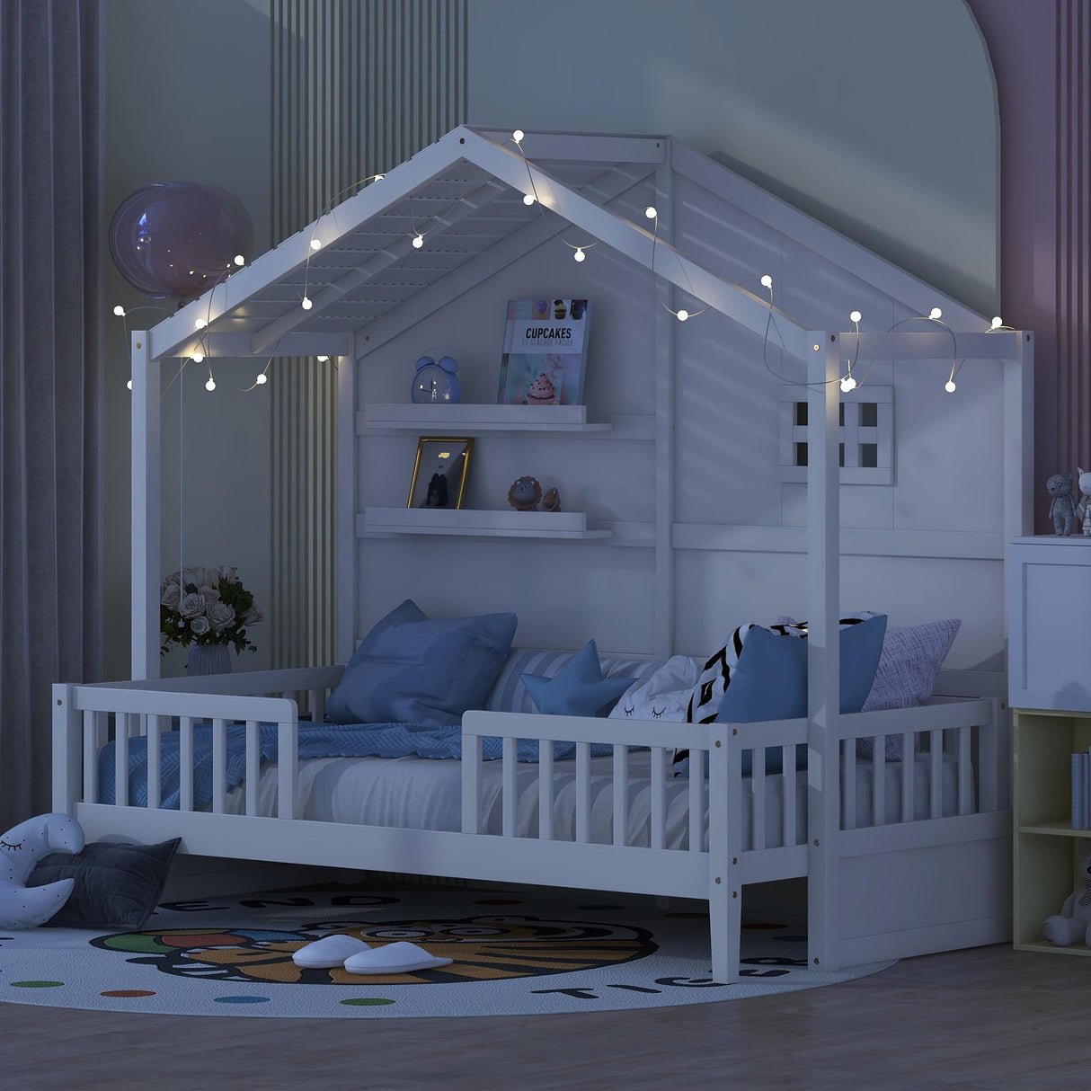 SOFTSEA Twin Size Low Loft House Bed with Shelves and Sparkling Light Stripe SOFTSEA