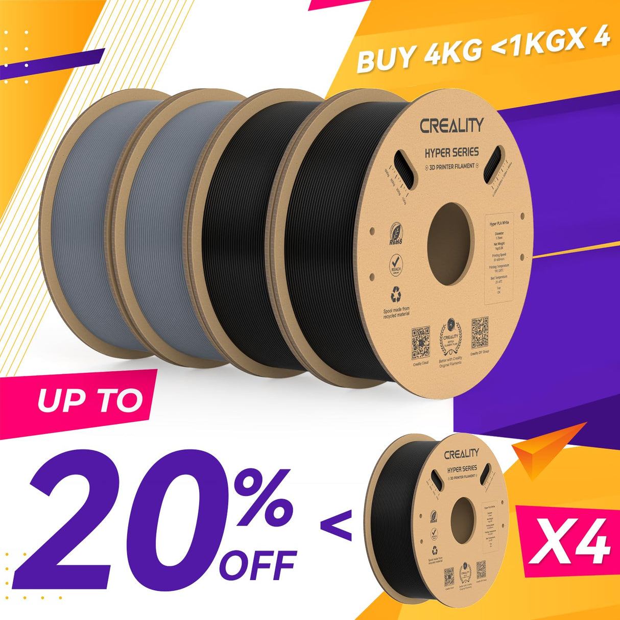 Creality Hyper PLA Filament 1.75mm, 30-600mm/s High Speed 3D Printer Filament, Dimensional Accuracy +/-0.02mm, Fit Most FDM 3D Printers, 4 Pack 1kg Spool(2.2lbs), Black & Grey Creality