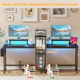 Furologee 2 Person Gaming Desk with LED Lights, 71 Inch Computer Desk with Power Outlets and Monitor Stand, Double Desk with Storage Bag and Headphone Hooks, Study Writing Table for Home Office, Black Furologee
