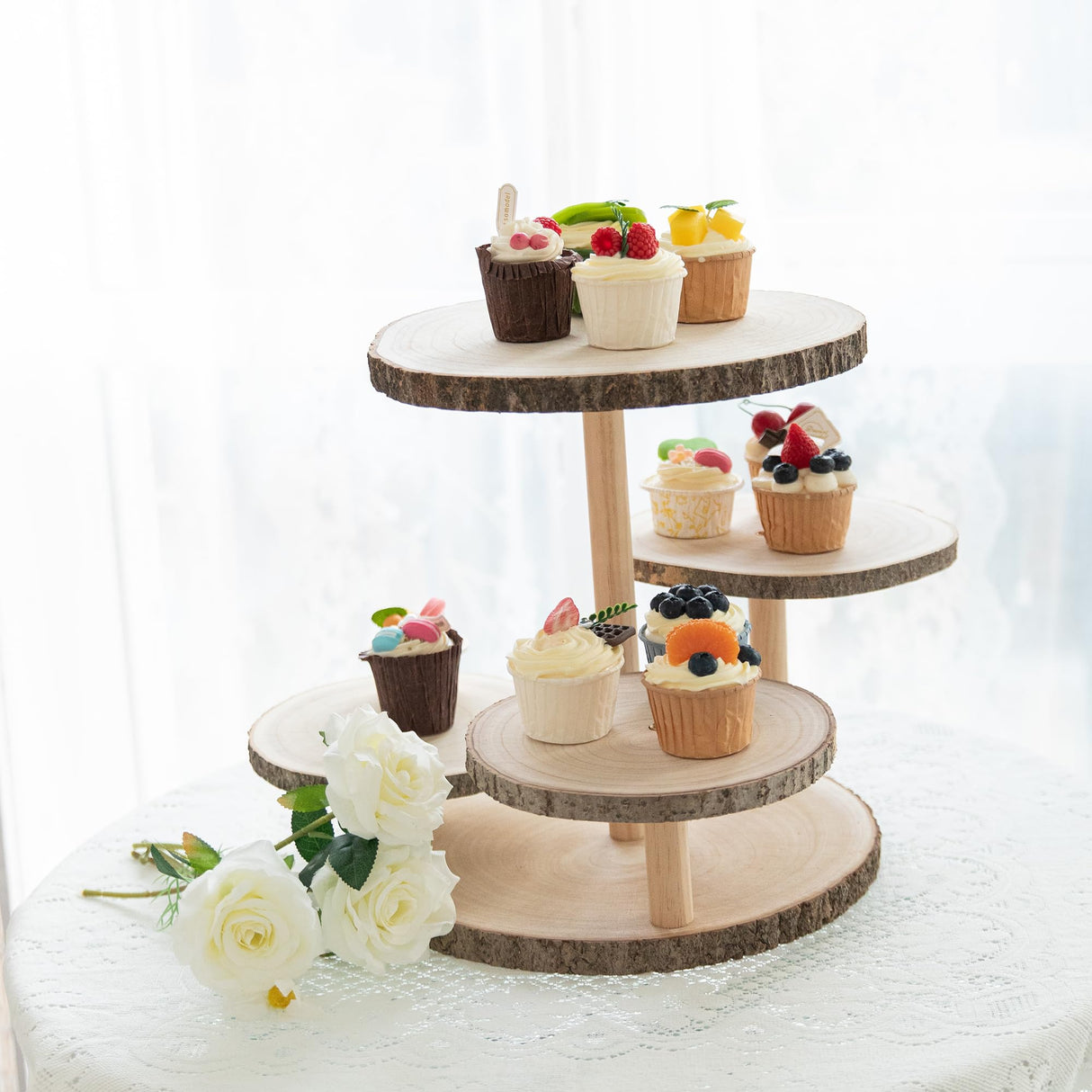 GENMOUS 4 Tiered Round Cake and Cupcake Stand Combo for Birthday Party Decor, Rustic Wooden Cupcake Tower Stands for 50 Cupcakes, Farmhouse Cupcake Tier Stand Display for Wedding Baby Shower Tea Party GENMOUS & CO.