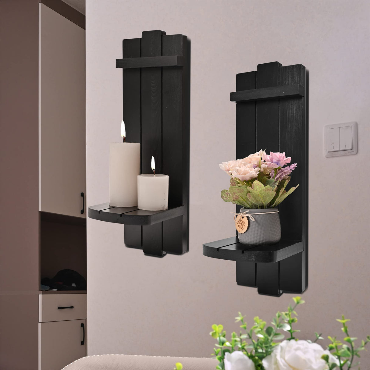 Yorkmills Sconces Wall Decor Set of 2, Wall Candle Holder Rustic Home Decor, Farmhouse Wall Art Floating Candle Sconces Shelf Black Wall Decorations for Living Room, Dining Room, Bedroom, Bathroom Yorkmills