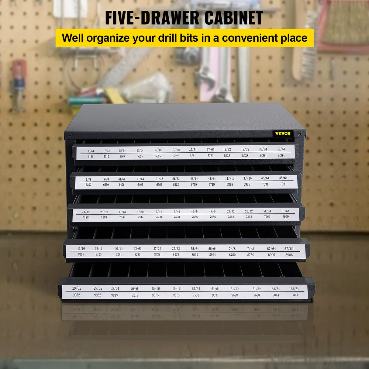 VEVOR Drill Bit Dispenser Cabinet, Five-Drawer Drill Bit Dispenser, 1/2" Reduced Shank Drill Bit Organizer Cabinet, Drill Dispenser Organizer Cabinet for Sizes 33/64" to 63/64" in 1/64" Increments VEVOR